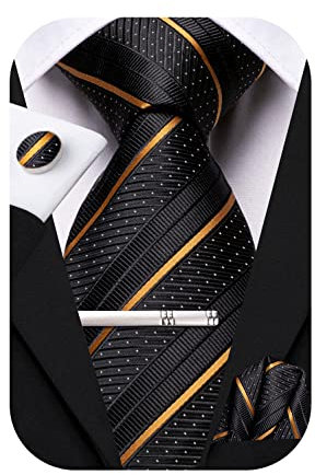Hi-Tie Krawatten-Set für Herren, Seidenkrawatten für Herren, Pink, Blau, Schwarz, 4-teilig, Krawatte, Einstecktuch, Manschettenknöpfe, Clip für Hochzeit, schwarz / goldfarben, M