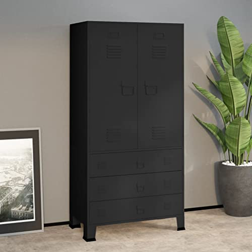 Makastle Garderobenschrank Metallschrank Umkleideschrank mit 3 Schubladen und 2 Türen, Kleiderschrank Stahlschrank Schrank Umkleidespind Spind Stahlspind (2 Einlegeböden und 1 Kleiderstange) Schwarz
