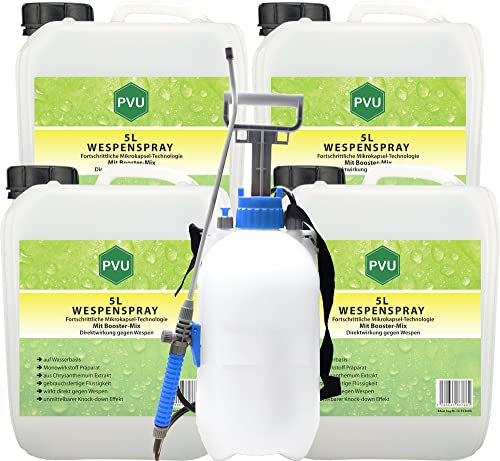 Pvu Wespenspray 4x5 Liter + Sprüher | Wespenabwehr formuliert in Deutschland | Hochwirksames Wespengift aus reinen Chrysanthemum Extrakt