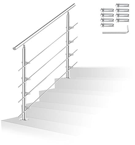 Randaco Rampe d'escalier en acier inoxydable pour l'intérieur et l'extérieur, balustrade pour balcon, parapet, escaliers, entrée de maison, (100 cm, 4 barres transversales)