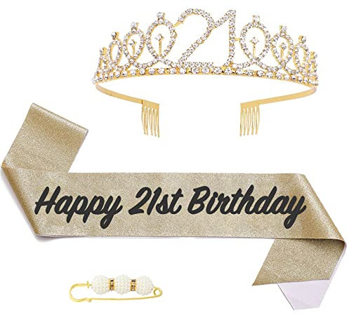 POPOYU 21 Geburtstag Krone und Schärpe,Krone 21. Geburtstag Frauen,21.Geburtstag Tiara Goldfarben,krone 21.,21 Jahre Geburtstag Mädchen Kopfbedeckung für Geburtstagsgeschenk Partyzubehör