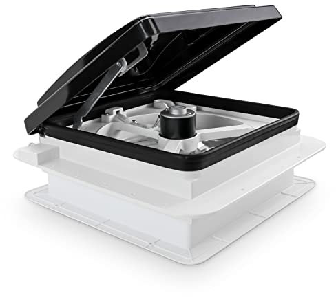 Leisure Coachworks 11 x 11 RV Roof Vent Fan With 12V Manual Riser Reversible Manual Lift with Black Lid