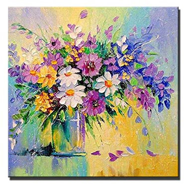 Ölbilder Auf Leinwand Handgemalt,Moderne Abstrakte Blumenkunst Acrylmalerei 100% Handgemalte Bunte Blumen Kunstwerk Extra Große Wandkunst Rahmenlose Coole Gemälde Wohnkultur Für Wohnzimmer,50X50C