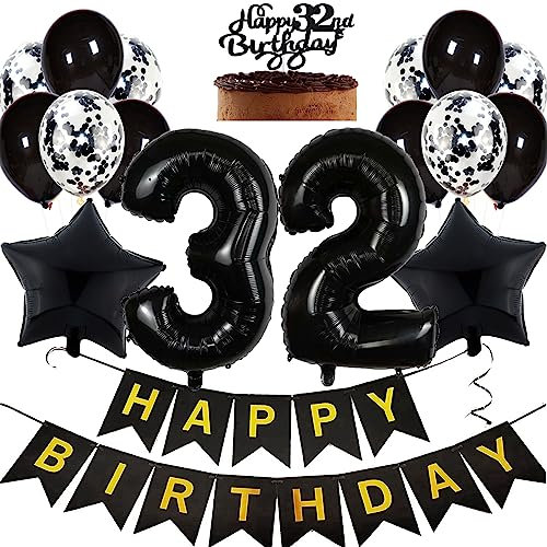Feelairy Geburtstagsdeko 32 Jahre Frauen, Luftballon 32. Geburtstag Deko Männer, Schwarz Tortendeko Happy 32th Birthday Deko 32 Jahre Frau, Ballon 32. Geburtstag Mann Party Dekoration Set
