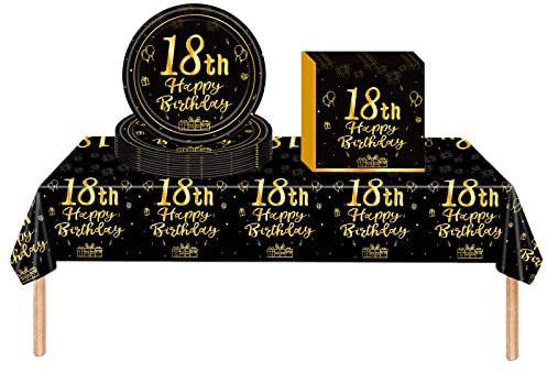 Black Gold 18th Birthday Plastic Table Cloth, Paper Plates Napkins Tableware Set, 37P 18th Birthday Table Decorations Disposable Tableware Kit for Girls, Boys, Lady, Him