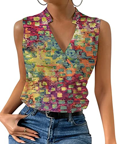 ORANDESIGNE Débardeur Femme Chic Et Élégant Top Chemisier Sexy Blouse Ample Haut Été sans Manches Tee Shirt Col V Fluide Mode Casual Chemise Classique Debardeur Travail Camisole A 19 M