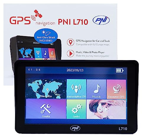 PNI L710 GPS Navigationssystem mit Sonnenschutz, 7 Zoll, 800 MHz, 256 MB DDR, 16 GB interner Speicher, FM-Transmitter, mit Zwei Auto-Netzteilen im Lieferumfang enthalten