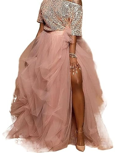 Gonna lunga da donna in tulle, a strati, linea ad A, in rete, lunghezza al pavimento, mezza gonna con volant e volant, Rosa, Taglia Unica