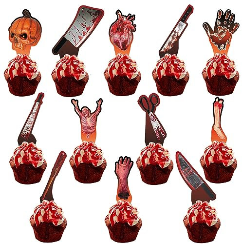 VARACL 24 Stück Halloween-Cupcake-Topper, blutiges Horror-Thema, Kuchendekoration, Dekorationen für Halloween, Süßes oder Saures, Party, Geburtstag, Party, Dekoration, Gastgeschenk, Zubehör, Horror,