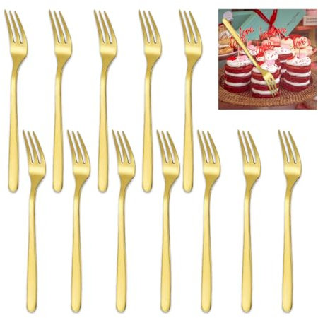 Plstod 12 Tenedores de Postre Dorados, 14 cm, Acero Inoxidable, Pulidos Con Espejo, para Tartas, Decoración de Mesa, Casa, Boda, Fiesta, Cafetería