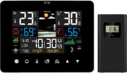 Stazione meteo wireless, stazione meteorologica digitale, stazione meteorologica, termometro con allarme e umidità, barometro, allarme, fase lunare, orologio meteo con sensore esterno