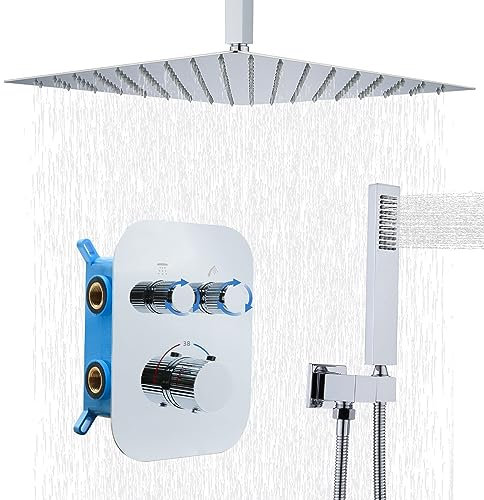 Delnet Upgraded Thermostatic Shower Mixer Set, 16 Inch Ceiling Mounted Rain Shower System Combo, Can Use 2 Functions at A Time, Chrome