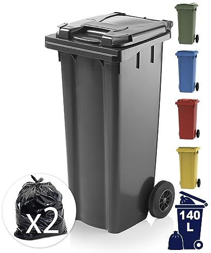 EXPRESS WHEELIE BINS - Outdoor Wheelie Bin for Household Waste Recycle Trash and Rubbish 140L Litre Small Council Size Grey/Black with Rubber Wheels