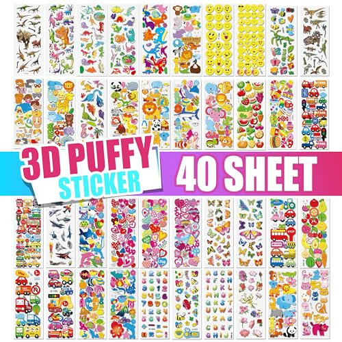 colortouch 3D Aufkleber für Kinder, 40 Blätter Verschiedene 3D Geschwollene Stickers, Kinderaufkleber für Lehrer, Jungen, Mädchen, Kleinkinder, inkl. Zahlen, Buchstaben, Tiere, Dinosaurier, Autos usw