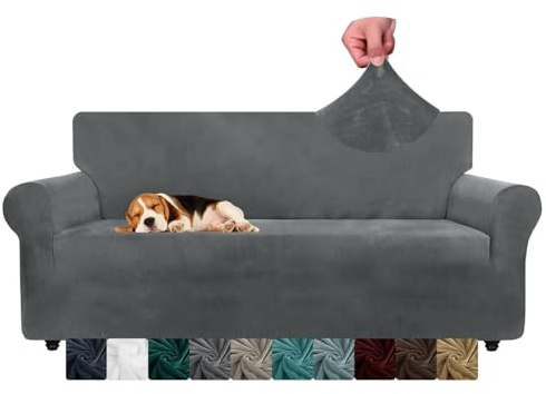 CHELZEN Velvet Couch Covers 3 Seater Thick Stretch Sofa Covers for Dogs Pets Non-Slip Sofa Slipcover Washable Furniture Protector for Living Room (3 Seater, Gray)