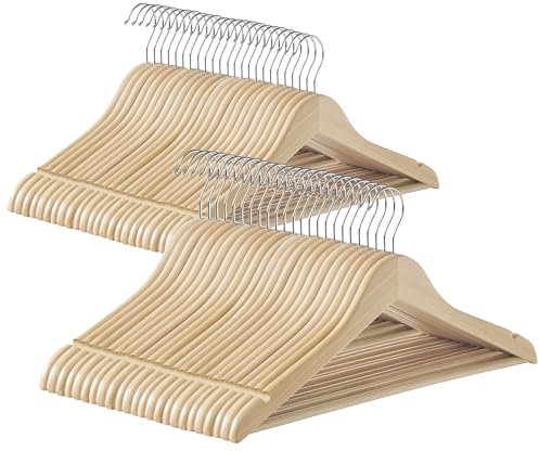 SONGMICS Grucce in Legno, 48 Pezzi, Grucce Appendiabiti, con Scanalature sulle Spalle, Barra per Pantaloni, Gancio Girevole a 360°, per Giacche Camicie Cappotti, Beige Naturale CRW010N48