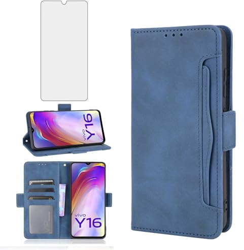 Asuwish Handyhülle für Vivo Y16 4G/Y02S 4G/IQOO Z7i/Y35m/T2X Hülle mit Glas Folie Schutzfolie Kartenfach Klappbar Leder Geldbörse Ständer Panzerfolie Handy Hüllen Schutzhülle Cover Phone Case Blau
