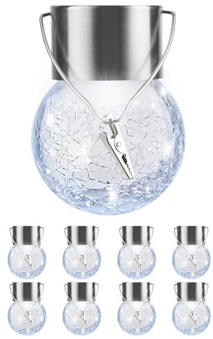 Solar Lights Outdoor Hanging Decorative Globe 8 Pack, Waterproof Solar Lantern with Handle and Clip, Solar Powered Glass Ball Lights for Garden Yard Fence Tree Umbrella Holiday Décor, Cold White