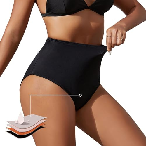 Runmeihe Period Pants for Swimming for Girls Teens Women, High Waisted Black Bikini Period Swimwear, Menstrual Leakproof Underwear, Swim Bottoms