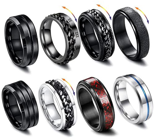 LOCCY Männer Edelstahl Spinner Ringe, 8 Stück Schwarze Spinner Kette Link geformt Band, Edelstahl Spinner Ring Set für Männer Frauen (67(22.7))