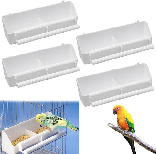 Sxutop 4 Stück Kunststoff Futternapf Vögel Vogelnapf zum Einhängen Futternapf Vogelkäfig Lange Vogelfutterspender mit Fach und Haken für Sittiche Papageien Wellensittiche Turteltauben(Weiß)