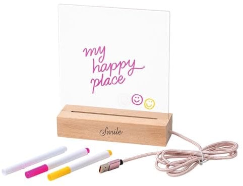 moses. Smile LED Message-Board, transparente Notiztafel mit 3 Folienstiften, beleuchtete LED-Schreibtafel für Leuchtschrift-Nachrichten, Leuchttafel mit USB-A Textilkabel