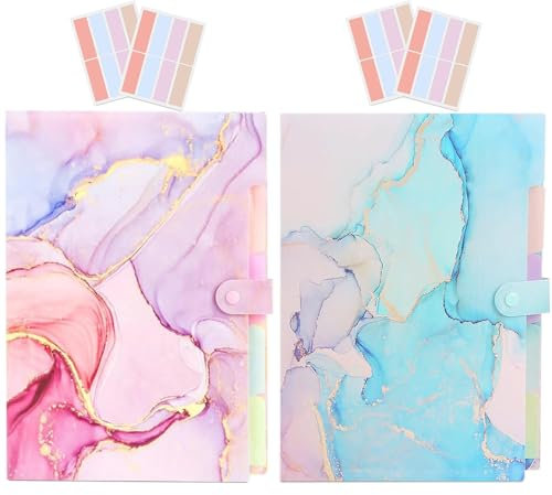 Fächermappe, Ordner für wichtige Dokumente, Akkordeon-Aktenordner, ästhetische Ordner für Schüler, 5 Taschen, Aktenordner für Rechnungen, 2 Stück (Rosa + Cyan)