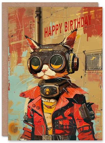 Artery8 Sci Fi Space Tabby Race Atompunk Style Cat Lover Blank For Him Or Her Art Birthday Card