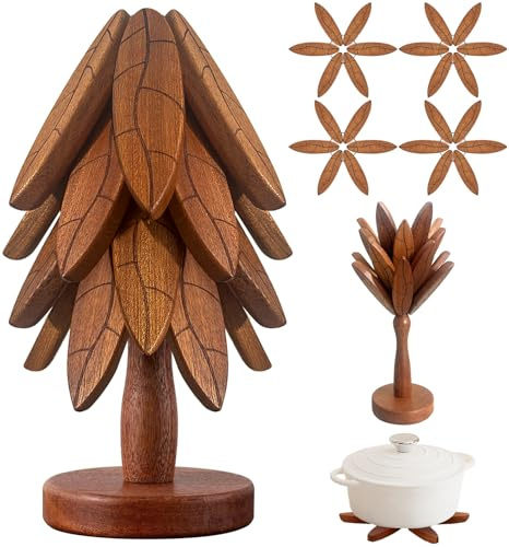 Tree Coasters, Wooden Trivets for Hot Dishes/Pot/Bowl/Teapot/Pans, Tree Shape Trivet Set - 4 Wooden Trivets + 1 Stand Stored, Kitchen Decor Gifts for Him/Her (Leaf Pattern - 4Pcs)
