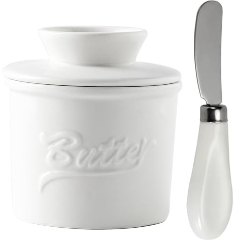 Tarro Mantequilla con Tapa, Cuchillo Untar, Mantequillera Francesa Agua Refrigerado, Crock Mantequera Cerámica Francesa Cocina, Recipiente Almacenamiento Mantequilla Blanda Sabor Fresca(Blanco)