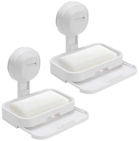VirtuGro 2PCS Jabonera Baño Jabonera Cocina Jabonera Ducha con Ventosa Jabonera de Cajón Mantiene Secas Las Jabóns para Cocina Cuarto de Ducha Baño Jaboneras para Pastillas de Jabon Blanco