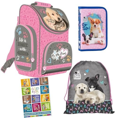 Goldkids - Schulranzen für Jungen und Mädchen, 4er-Set - Schul-Rucksack für Kinder mit Federmäppchen - Schuhbeutel und Hausaufgabenheft - Hund Dog Motiv - 1-3 Klasse