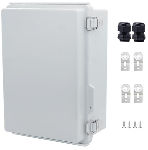 IP67 Waterproof Junction Box, ABS Plastic Electrical Enclosure with Stainless Steel Latch, Hinged Cover Electric Box with Mounting Plate, Wall Brackets & Cable Glands 280x190x130mm