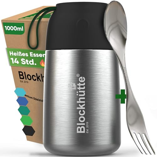 Blockhütte Edelstahl Thermobehälter I 1L l Essen warmhalten Behälter, auslaufsicher I Thermos Essensbehälter mit Göffel für Kinder und Erwachsene - Wärmebehälter für Speisen - Schwarz