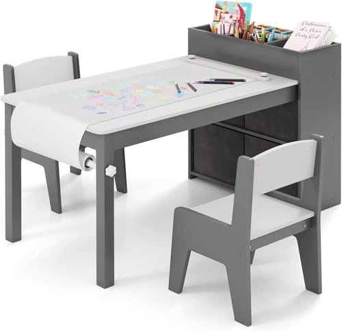 FANTASK Kindertisch mit 2 Stühlen, 2 in 1 Kindersitzgruppe aus Holz mit Stauraum, Grau