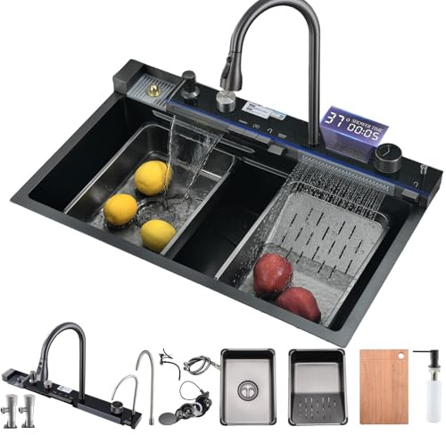 BoomHoze Évier de Cuisine, Noir 75x45cm Cascade Multifonction, Evier de Cuisine à Comptoir Raindance Professionnel Lavabo Acier Inoxydable avec Lave Verre & Robinet Extractiblen Haute Pression Noir