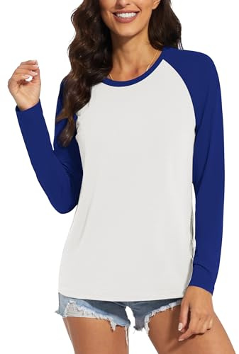 Chicrise Langarmshirt Damen Rundhals Raglanärmeln Sweatshirt Dünnere Farbblock Casual Locker Top Blau Weiß Mittel 38-40