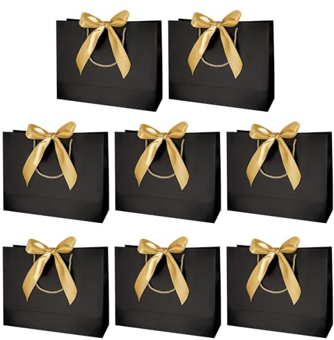 8 Pcs Medium Gift Bags with Handles & Ribbon 32 x 25 x 11cm, Black | Presents Gift Bags, Sturdy Paper Bags, Ideal for Birthdays Weddings Party Presents Souvenirs