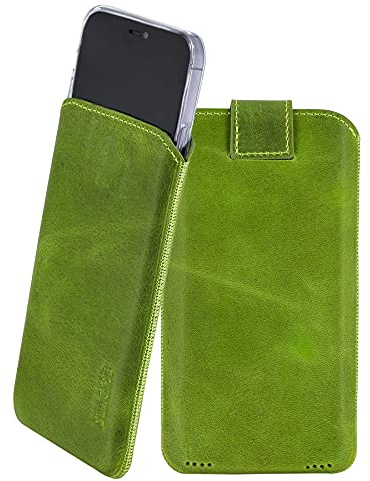 Suncase Leder Tasche mit ZUSÄTZLICHER Hülle Case Handytasche mit Rückzugsfunktion und Magnetverschluss in Kiwi grün kompatibel mit iPhone 17