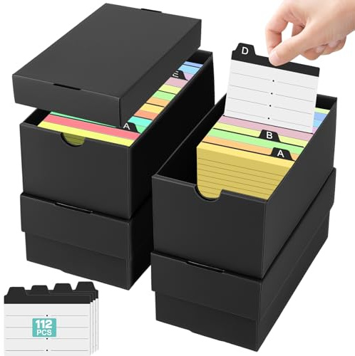 4Pcs Karteikarten Box A7 mit 112pcs Karteiregister, Karteikartenbox Kapazität 980 Blätter, Lernkarten Box für 74x105mm Papier, Schwarz Vokabelbox, Lernbox für Notizen Schulsachen Büro Zuhause