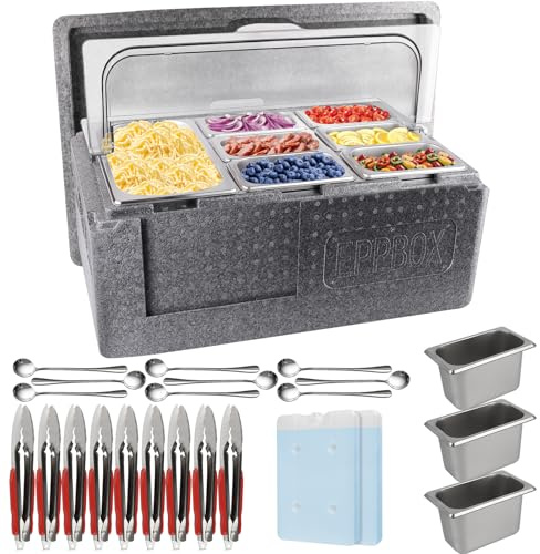 Kalolary Pizza Topping Station 10 Pans Salad Bar Buffet Station Insulated Cold Food Buffet Server with Ice Packs Lids Buffet Containers Set Platter Box for Party Buffet Keeping Food Cold