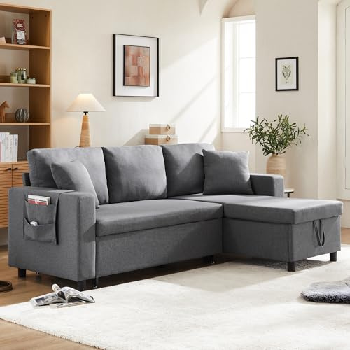 A ALFRESCOOL L Couch mit Schlaffunktion, Schlafsofa mit Bettkasten, Sofa-Chaiselongue mit Stauraum und Taschenaufbewahrung, Wohnlandschaft, Links und Rechts Austauschbare Chaiselongue(Dunkelgrau)