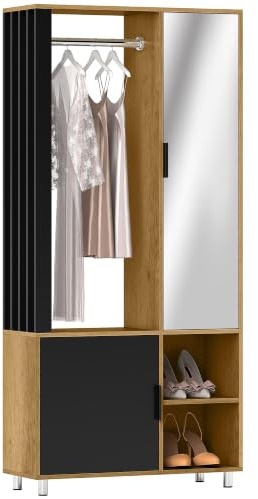 HOMCOM Kleiderschrank mit Spiegel 80x30x170cm Naturholz | Moderne Ankleide, Aufbewahrungsschrank, offene Fächer, Kleiderschrank, Kleiderstange
