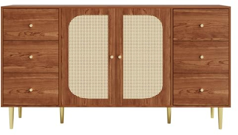 Aparador de nogal de 160 cm con patas doradas y asas - 6 cajones - 2 puertas de ratán - Multifuncional - Mueble de TV, armario de cocina, armario buffet para salón y comedor