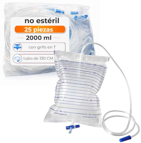 Bolsas de Orina 25 Piezas – 2000 ml Tubo 130 cm Grifo en T Graduada | Para encamados y viajes largos – Graduación legible – Válvula antirretorno – Enganche a la cama