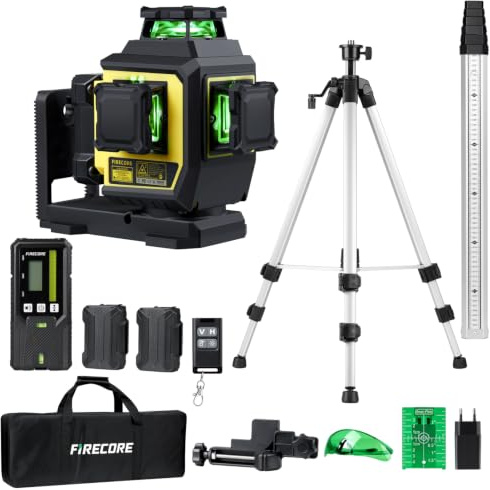 Laser Level Kit Firecore 3x360° Green Laser with 1.5m Tripod, 3m Leveling Staff, FD30 Receiver (50m Range), Remote Control, 2X 4400mAh Batteries, Laser Glasses & Target – Professional Self-Leveling