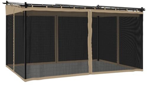 Yisssmeng Gartenpavillon 4x3 m mit schiebbarem Dach und Netzseitenwänden, Metallgestell anthrazit, Textil in Taupe, Pavillon für Terrasse und Garten, 396 x 297 x 230 cm