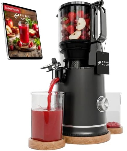 FERNHOLD Entsafter Slow Juicer 250 W | 130 mm XXL-Einfüllschacht, BPA-frei | Kaltentsafter und Saftpresse für ganze Früchte & Gemüse | Mit Rücklauffunktion, 2 Gläsern, Holzuntersetzern & Rezepten