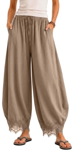 Vardagliga dambyxor beskurna spets fållbyxor sommar boho dragsko hög midja vida ben loungebyxor med fickor för sommaren, Kaffe, XXL