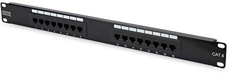 DIGITUS Patchpanel - 19-Zoll - Cat-6 - 16-Port RJ45 - Ungeschirmt - LSA Patch-Feld - Rack-Montage 1HE - Schwarz